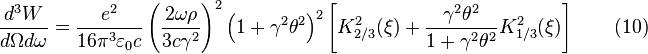 \frac{d^3 W}{d\Omega d\omega}=\frac{e^2}{16\pi^3\varepsilon_0 c}
\left ( \frac{2\omega\rho}{3c\gamma^2} \right )^2
\left ( 1+\gamma^2 \theta^2 \right )^2
\left [ K_{2/3}^2(\xi ) + \frac{\gamma^2 \theta^2}{1+\gamma^2 \theta^2}K_{1/3}^2(\xi)\right ]\qquad (10)
