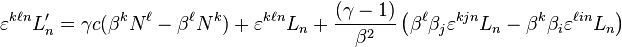 \begin{align}

\varepsilon^{k\ell n}L'_n & = \gamma c ( \beta^k N^\ell -\beta^\ell N^k ) + \varepsilon^{k\ell n}L_n + \frac{(\gamma-1)}{\beta^2} \left(\beta^\ell \beta_j \varepsilon^{kjn} L_n - \beta^k \beta_i \varepsilon^{\ell i n} L_n \right) \\

\end{align} 