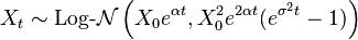 X_t \sim \operatorname{Log-\mathcal{N}}\left(X_0 e^{\alpha t}, X_0^2 e^{2 \alpha t} (e^{\sigma^2 t} - 1)\right)