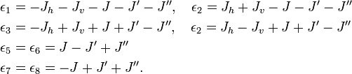 
\begin{align}
\epsilon_1&=-J_h-J_v-J-J'-J'',\quad \epsilon_2=J_h+J_v-J-J'-J''\\
\epsilon_3&=-J_h+J_v+J+J'-J'',\quad \epsilon_2=J_h-J_v+J+J'-J''\\
\epsilon_5&=\epsilon_6=J-J'+J''\\
\epsilon_7&=\epsilon_8=-J+J'+J''.
\end{align}
