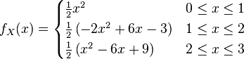 
f_X(x)= \begin{cases}
\frac{1}{2}x^2                         & 0\le x \le 1\\
\frac{1}{2}\left(-2x^2 + 6x - 3 \right)& 1\le x \le 2\\
\frac{1}{2}\left(x^2 - 6x +9 \right)  & 2\le x \le 3
\end{cases}
