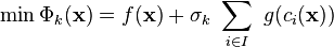  \min \Phi_k (\bold x) = f (\bold x) + \sigma_k ~ \sum_{i\in I} ~ g(c_i(\bold x)) 