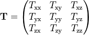  \mathbf{T} = \begin{pmatrix} 
T_\text{xx} & T_\text{xy} & T_\text{xz} \\ 
T_\text{yx} & T_\text{yy} & T_\text{yz} \\
T_\text{zx} & T_\text{zy} & T_\text{zz}
\end{pmatrix}