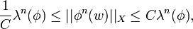 \frac{1}{C}\lambda^n(\phi) \le ||\phi^n(w)||_X\le C \lambda^n(\phi), 