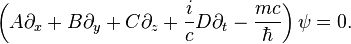 \left(A\partial_x + B\partial_y + C\partial_z + \frac{i}{c}D\partial_t - \frac{mc}{\hbar}\right)\psi = 0.