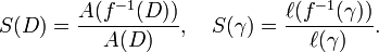  S(D)=\frac{A(f^{-1}(D))}{A(D)},\quad S(\gamma)=\frac{\ell(f^{-1}(\gamma))}{\ell(\gamma)}. 