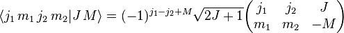 
  \langle j_1 \, m_1 \, j_2 \, m_2 | J \, M \rangle
  = (-1)^{j_1 - j_2 + M} \sqrt{2 J + 1}
    \begin{pmatrix}
      j_1 & j_2 &  J \\
      m_1 & m_2 & -M
    \end{pmatrix}
