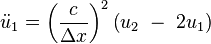 \ddot u_1={\left(\frac{c}{\Delta x} \right)}^2 \left(u_2 \ -\ 2u_1\right)