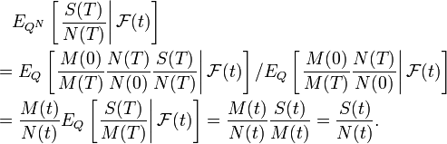 
\begin{align}
& {} \quad E_{Q^N}\left[\left.\frac{S(T)}{N(T)}\right| \mathcal{F}(t)\right] \\
& = E_{Q}\left[\left.\frac{M(0)}{M(T)}\frac{N(T)}{N(0)}\frac{S(T)}{N(T)}\right| \mathcal{F}(t)\right]/ E_Q\left[\left.\frac{M(0)}{M(T)}\frac{N(T)}{N(0)}\right| \mathcal{F}(t)\right] \\
& = \frac{M(t)}{N(t)}E_{Q}\left[\left.\frac{S(T)}{M(T)}\right| \mathcal{F}(t)\right]= \frac{M(t)}{N(t)}\frac{S(t)}{M(t)} = \frac{S(t)}{N(t)}.
\end{align}
