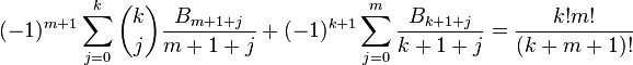  (-1)^{m+1} \sum_{j=0}^k \binom{k}{j} \frac{B_{m+1+j}}{m+1+j} + (-1)^{k+1} \sum_{j=0}^m \frac{B_{k+1+j}}{k+1+j} = \frac{k!m!}{(k+m+1)!} 