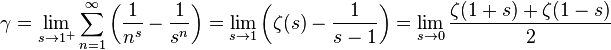 \gamma = \lim_{s\to 1^+}\sum_{n=1}^\infty \left(\frac1{n^s}-\frac1{s^n}\right) = \lim_{s\to 1}\left(\zeta(s) - \frac{1}{s-1}\right) = \lim_{s\to 0}\frac{\zeta(1+s)+\zeta(1-s)}{2}