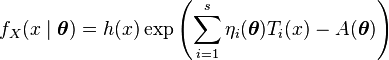  f_X(x\mid\boldsymbol \theta) = h(x) \exp\left(\sum_{i=1}^s \eta_i({\boldsymbol \theta}) T_i(x) - A({\boldsymbol \theta}) \right)