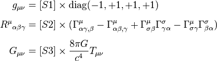 
\begin{align}
g_{\mu \nu} & = [S1] \times \operatorname{diag}(-1,+1,+1,+1) \\[6pt]
{R^\mu}_{\alpha \beta \gamma} & = [S2] \times (\Gamma^\mu_{\alpha \gamma,\beta}-\Gamma^\mu_{\alpha \beta,\gamma}+\Gamma^\mu_{\sigma \beta}\Gamma^\sigma_{\gamma \alpha}-\Gamma^\mu_{\sigma \gamma}\Gamma^\sigma_{\beta \alpha}) \\[6pt]
G_{\mu \nu} & = [S3] \times {8 \pi G \over c^4} T_{\mu \nu}
\end{align}
