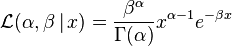 \mathcal{L} (\alpha, \beta \,|\, x) = \frac{\beta^\alpha}{\Gamma(\alpha)} x^{\alpha-1} e^{-\beta x}