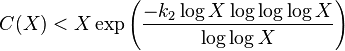 C(X) < X \exp\left(\frac{-k_2 \log X \log \log \log X}{\log \log X}\right)