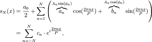 
\begin{align}
s_N(x) &= \frac{a_0}{2} + \sum_{n=1}^N \left(\overbrace{a_n}^{A_n \sin(\phi_n)} \cos(\tfrac{2\pi nx}{P}) + \overbrace{b_n}^{A_n \cos(\phi_n)} \sin(\tfrac{2\pi nx}{P})\right)\\
&= \sum_{n=-N}^N c_n\cdot e^{i \tfrac{2\pi nx}{P}},
\end{align}
