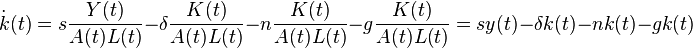 \dot{k}(t) = s\frac{Y(t)}{A(t)L(t)} - \delta\frac{K(t)}{A(t)L(t)} - n\frac{K(t)}{A(t)L(t)} - g\frac{K(t)}{A(t)L(t)} = sy(t) - {\delta}k(t) - nk(t) - gk(t)