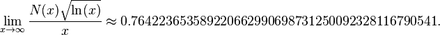 \lim_{x\rightarrow\infty} \frac{N(x)\sqrt{\ln(x)}}{x}\approx 0.764223653589220662990698731250092328116790541.