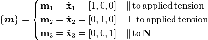 
  \{\boldsymbol{m}\} = 
    \begin{cases}
      \mathbf{m}_1 = \mathbf{\hat{x}}_1 = [1,0,0] & \| \, \textrm{to} \, \textrm{applied} \, \textrm{tension}\\
      \mathbf{m}_2 = \mathbf{\hat{x}}_2 = [0,1,0] & \perp \textrm{to} \, \textrm{applied} \, \textrm{tension}\\
      \mathbf{m}_3 = \mathbf{\hat{x}}_3 = [0,0,1] & \| \, \textrm{to} \, \mathbf{N}
    \end{cases}
 