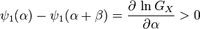 \psi_1(\alpha) - \psi_1(\alpha + \beta) = \frac{\part\, \ln G_X}{\partial \alpha} > 0