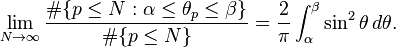 \lim_{N\to\infty}\frac{\#\{p\leq N:\alpha\leq \theta_p \leq \beta\}}
{\#\{p\leq N\}}=\frac{2}{\pi}  \int_{\alpha}^{\beta} \sin^2 \theta \, d\theta.  