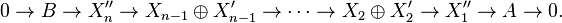 0\rightarrow B\rightarrow X''_n\rightarrow X_{n-1}\oplus X'_{n-1}\rightarrow\cdots\rightarrow X_2\oplus X'_2\rightarrow X''_1\rightarrow A\rightarrow0.