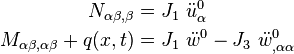 
   \begin{align}
     N_{\alpha\beta,\beta} & = J_1~\ddot{u}^0_\alpha \\
     M_{\alpha\beta,\alpha\beta} + q(x,t) & = J_1~\ddot{w}^0 - J_3~\ddot{w}^0_{,\alpha\alpha}
   \end{align}
