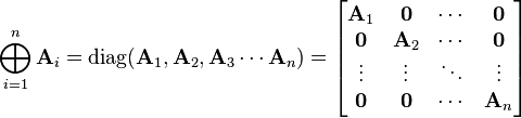 
\bigoplus_{i=1}^{n} \bold{A}_{i} = {\rm diag}( \bold{A}_1, \bold{A}_2, \bold{A}_3 \cdots \bold{A}_n)=
\begin{bmatrix}
 \bold{A}_1 & \boldsymbol{0} & \cdots & \boldsymbol{0} \\
 \boldsymbol{0} & \bold{A}_2 & \cdots & \boldsymbol{0} \\
 \vdots & \vdots & \ddots & \vdots \\
 \boldsymbol{0} & \boldsymbol{0} & \cdots & \bold{A}_n \\
\end{bmatrix}\,\!