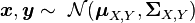 
\boldsymbol{x}, \boldsymbol{y} \sim\ \mathcal{N}(\boldsymbol\mu_{X,Y}, \boldsymbol\Sigma_{X,Y})
