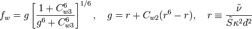 
f_w = g \left[ \frac{ 1 + C_{w3}^6 }{ g^6 + C_{w3}^6 } \right]^{1/6}, \quad g = r + C_{w2}(r^6 - r), \quad r \equiv \frac{\tilde{\nu} }{ \tilde{S} \kappa^2 d^2 }
