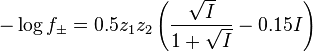 -\log f_{\pm} = 0.5 z_1z_2\left(\frac{\sqrt I}{1+\sqrt{I}}-0.15 I \right)