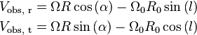 
\begin{align} 
& V_{\text{obs, r}}=\Omega R\cos\left(\alpha\right)-\Omega_{0}R_{0}\sin\left(l\right) \\
& V_{\text{obs, t}}=\Omega R\sin\left(\alpha\right)-\Omega_{0}R_{0}\cos\left(l\right) \\
\end{align}
