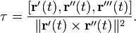 \tau = \frac{[\mathbf{r}'(t),\mathbf{r}''(t),\mathbf{r}'''(t)]}{\|\mathbf{r}'(t)\times\mathbf{r}''(t)\|^2}.