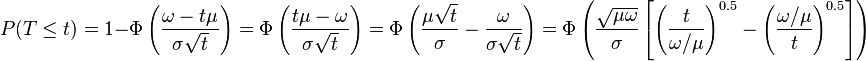  
P( T \le t ) = 1 - \Phi\left( \frac{ \omega - t \mu }{ \sigma \sqrt{ t } } \right)
= \Phi\left( \frac{ t \mu - \omega }{ \sigma \sqrt{ t } } \right)
= \Phi\left( \frac{ \mu \sqrt{ t } }{ \sigma } - \frac{ \omega }{ \sigma \sqrt{t} } \right)
= \Phi\left( \frac{ \sqrt{ \mu \omega } }{ \sigma } \left[ \left( \frac{ t }{ \omega / \mu } \right)^{ 0.5 }  - \left( \frac{ \omega / \mu }{ t } \right)^{ 0.5 } \right] \right)
