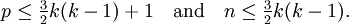  p \le \tfrac32 k(k-1) + 1 \quad\text{and}\quad n \le \tfrac32 k(k-1). 