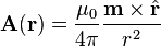 \mathbf{A}(\mathbf{r}) = \frac {\mu_0} {4\pi} \frac{\mathbf{m}\times\hat{\mathbf{r}}}{r^2}