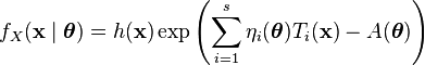 f_X(\mathbf{x}\mid\boldsymbol \theta) = h(\mathbf{x})\exp\left(\sum_{i=1}^s \eta_i({\boldsymbol \theta}) T_i(\mathbf{x}) - A({\boldsymbol \theta}) \right)