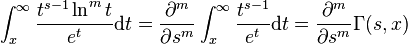  
\int_{x}^{\infty} \frac{t^{s-1} \ln^m t}{e^t} {\rm d}t= \frac{\partial^m}{\partial s^m} \int_{x}^{\infty} \frac{t^{s-1}}{e^t} {\rm d}t= \frac{\partial^m}{\partial s^m} \Gamma (s,x)
