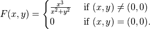 
F(x, y)=
\begin{cases}
\frac{x^3}{x^2+y^2} & \mbox{ if } (x, y)\ne (0, 0)\\
0 & \mbox{ if } (x, y)=(0, 0).
\end{cases}