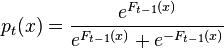 p_t(x) = \frac{e^{F_{t-1}(x)}}{e^{F_{t-1}(x)}+e^{-F_{t-1}(x)}}