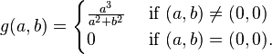 g(a, b)=\begin{cases}
\frac{a^3}{a^2+b^2}& \mbox{ if } (a, b)\ne (0, 0)\\
0 & \mbox{ if } (a, b)=(0, 0).
\end{cases}