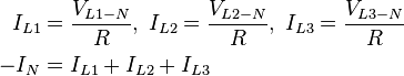 \begin{align}
I_{L1} &= \frac{V_{L1-N}}{R},\; I_{L2}=\frac{V_{L2-N}}{R},\; I_{L3}=\frac{V_{L3-N}}{R}\\
-I_{N} &= I_{L1} + I_{L2} + I_{L3}
\end{align}