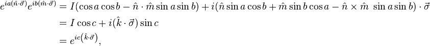 \begin{align}
  e^{i a(\hat{n} \cdot \vec{\sigma})} e^{i b(\hat{m} \cdot \vec{\sigma})}
    &= I(\cos a \cos b - \hat{n} \cdot\hat{m} \sin a \sin b) + i(\hat{n} \sin a \cos b + \hat{m}  \sin b \cos a - \hat{n}\times\hat{m} ~ \sin a \sin b  )\cdot  \vec{\sigma } \\
    &= I\cos{c} + i (\hat{k} \cdot \vec{\sigma}) \sin{c} \\
    &= e^{i c \left(\hat{k} \cdot \vec{\sigma}\right)},
\end{align}