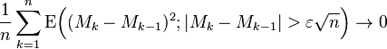  \frac1n \sum_{k=1}^n \mathrm{E} \Big( (M_k-M_{k-1})^2; |M_k-M_{k-1}| > \varepsilon \sqrt n \Big) \to 0 