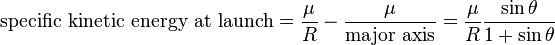 \text{specific kinetic energy at launch}=\frac\mu R-\frac\mu\text{major axis}=\frac\mu R\frac{\sin\theta}{1+\sin\theta}