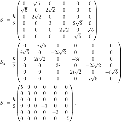 \begin{align}
  S_x &= \frac\hbar2
    \begin{pmatrix}
      0        &\sqrt{5}  &0         &0         &0         &0 \\
      \sqrt{5} &0         &2\sqrt{2} &0         &0         &0 \\
      0        &2\sqrt{2} &0         &3         &0         &0 \\
      0        &0         &3         &0         &2\sqrt{2} &0 \\
      0        &0         &0         &2\sqrt{2} &0         &\sqrt{5} \\
      0        &0         &0         &0         &\sqrt{5}  &0
    \end{pmatrix} \, \\
  S_y &= \frac\hbar2
    \begin{pmatrix}
      0         &-i\sqrt{5} &0           &0          &0           &0 \\
      i\sqrt{5} &0          &-2i\sqrt{2} &0          &0           &0 \\
      0         &2i\sqrt{2} &0           &-3i        &0           &0 \\
      0         &0          &3i          &0          &-2i\sqrt{2} &0 \\
      0         &0          &0           &2i\sqrt{2} &0           &-i\sqrt{5} \\
      0         &0          &0           &0          &i\sqrt{5}   &0
    \end{pmatrix} \, \\
  S_z &= \frac\hbar2
    \begin{pmatrix}
      5 &0 &0 &0  &0  &0 \\
      0 &3 &0 &0  &0  &0 \\
      0 &0 &1 &0  &0  &0 \\
      0 &0 &0 &-1 &0  &0 \\
      0 &0 &0 &0  &-3 &0 \\
      0 &0 &0 &0  &0  &-5
    \end{pmatrix} \,.
\end{align}