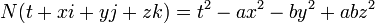 N(t + xi +yj + zk) = t^2 - ax^2 - by^2 + abz^2 \ 