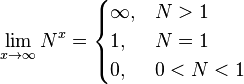 \lim_{x\to\infty}N^x=\begin{cases} \infty, & N > 1 \\ 1, & N = 1 \\ 0, & 0 < N < 1 \end{cases}