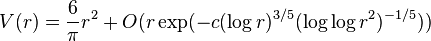 V(r)=\frac{6}{\pi}r^2+O(r\exp(-c(\log r)^{3/5}(\log\log r^2)^{-1/5}))