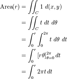 \begin{align}
 \mathrm{Area}(r) &{}= \iint_C 1\ d(x, y)\\
 &{} = \iint_C t\ dt\ d\theta\\
 &{} = \int_0^r \int_0^{2\pi}  t\ d\theta\ dt\\
 &{} = \int_0^r \left[ r\theta \right]_{\theta=0}^{2\pi} dt\\
 &{}= \int_0^{r} 2 \pi t \, dt \\
 \end{align}